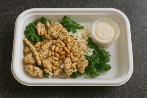 Färgglad glutenfri matkasse med grönsaker och skålar